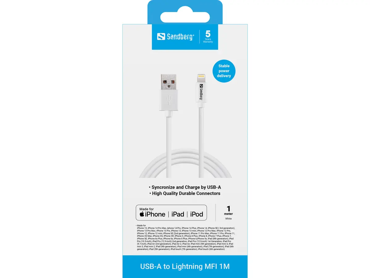 Sandberg USB-A to Lightning MFI Cable 1m White Photo 2