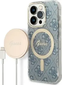 Набор чехол и зарядное GUESS GUBPP14LH4EACSB для iPhone 14 Pro 6,1" — жёсткий синий чехол с MagSafe, принт 4G