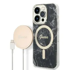 Phone case GUESS for iPhone 14 Pro Max 6.7, hard back, black marble, MagSafe compatible
