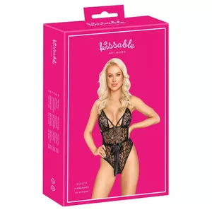Korsešs kissable Body Lace Kissable L/XL melns — mežģīņu bodijs, izmērs L/XL, bez stīpiņām, augsta kāju līnija, regulējamas lencītes