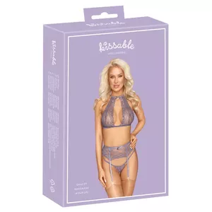 Apakšveļas komplekts kissable Piegriezējkomplekts L/XL Melns — krūšturis, josta ar piegriezējiem, stringi, mežģīnes, izmērs L/XL