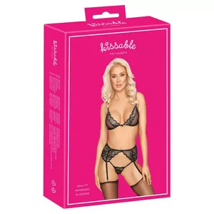 Apakšveļas komplekts kissable 22143001111 — bezvadu mežģīņu krūšturis, zeķturu josta un stringi, izmērs S/M, 90% poliamīds, 10% spandekss