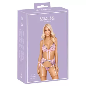 Apakšveļas komplekts kissable 22143343131 — bezvadu krūšturis, piekārtne un stringi, izmērs L/XL, gaiši rozā izšūts powernet (95% poliesters, 5% spandex)