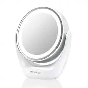 Настольное косметическое зеркало Medisana CM 835 — круглое с LED-подсветкой, 5× увеличение, питание 3× AAA, хром, высота 190 мм