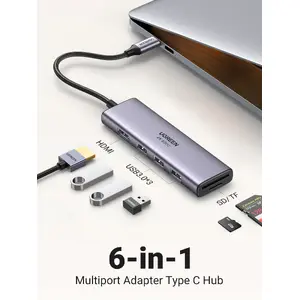 Адаптер Ugreen CM511 5-в-1 USB-C Hub на 3x USB3.0 + HDMI + TF/SD Серый