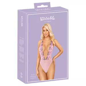 Body (L/XL) kissable modelis 26432863131 — caurspīdīgs rozā powernet ar ziedu izšuvumu, regulējamas krusteniskās lences aizmugurē, 95% poliesters 5% spandekss