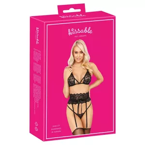 Apakšveļas komplekts ar zeķturēm kissable 22143421131 — bezvadu mežģīņu krūšturis, josta un stringi, izmērs L/XL, melns