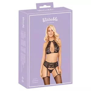 Lingerie set kissable 22143501131 — wireless bra, suspender belt and string, floral lace, size L/XL, black