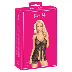 Komplekts babydoll un stringi kissable 27414741111 S/M melns — ar vadiņiem, regulējamas lencītes, powernet un mežģīnes