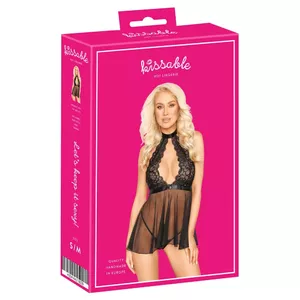 Babydoll negligee kissable 27414821111 S/M Black — mežģīņu augšdaļa, powernet svārki, atvērta mugura, komplektā stringi