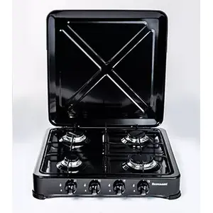 Gas hob Ravanson K-04TB — 4-zone built-in gas cooktop, black, rotary controls, metal housing