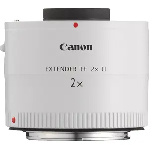 Tālummaiņas konvertors Canon Extender EF 2x III — 2× telekonvertors, 7 elementi/3 grupas, Ø 7,2 cm, garums 27,2 mm, svars 225 g