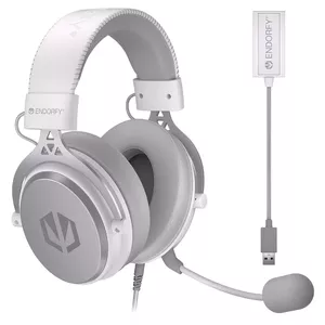 Vadu binaurālais austiņu komplekts ENDORFY VIRO Plus USB Onyx White — 5,3 cm skaļruņi, 20–20000 Hz, 98 dB, 32 Ω, noņemams mikrofons, 2,9 m kabelis