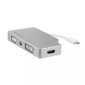 USB‑C daudzporta video adapteris StarTech CDPVGDVHDMDP — HDMI 1.4 (4K) vai mDP 1.2, VGA/DVI‑D (1080p), sudraba alumīnijs
