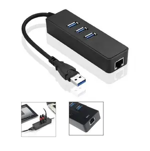 Док-станция и порт-репликатор MicroConnect MC-USB3.0HUBWETH с интерфейсом хоста USB 3.2 Gen 1 Type-A и портом RJ-45 Gigabit Ethernet, цвет черный
