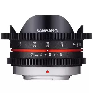 Plataizmēra fisheye objektīvs Samyang 7.5mm T3.8 Cine UMC Fish-eye priekš MFT, 9 elementi/7 grupas, Ø73.6 mm, garums 48.3 mm, 195 g, melns