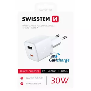 Сетевой адаптер SWISSTEN GaN Mini Travel Charger 30W с портами USB-C и USB