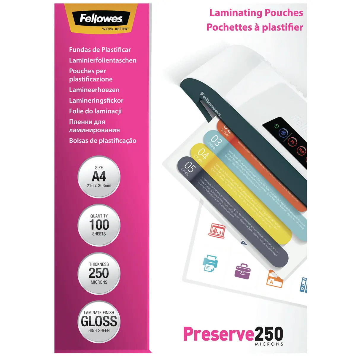 Fellowes A4 Glossy 250 мкм laminējošais