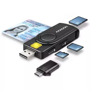 AXAGON CRE-SMP2A, USB-A + USB-C PocketReader 4 slotu viedkaršu lasītājs (eCard) + SD/microSD/SIM karte