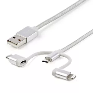 USB multi charging cable StarTech 1 m — USB A to Micro‑USB / USB‑C / Lightning, USB 2.0, braided, silver