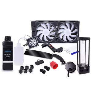 Водоблок Alphacool 11992 — материалы: ацетал/акрил/алюминий/латунь/медь/никель/нержавейка, совместимость с вентилятором 120 мм, чёрный/прозрачный