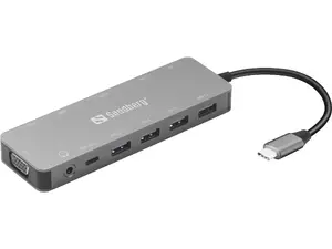 Sandberg USB-C 13-in-1 Travel Dock dokstacija ar USB Type-C interfeisu, līdz 100 W Power Delivery, Ethernet LAN, HDMI, VGA un karšu lasītāju alumīnija korpusā