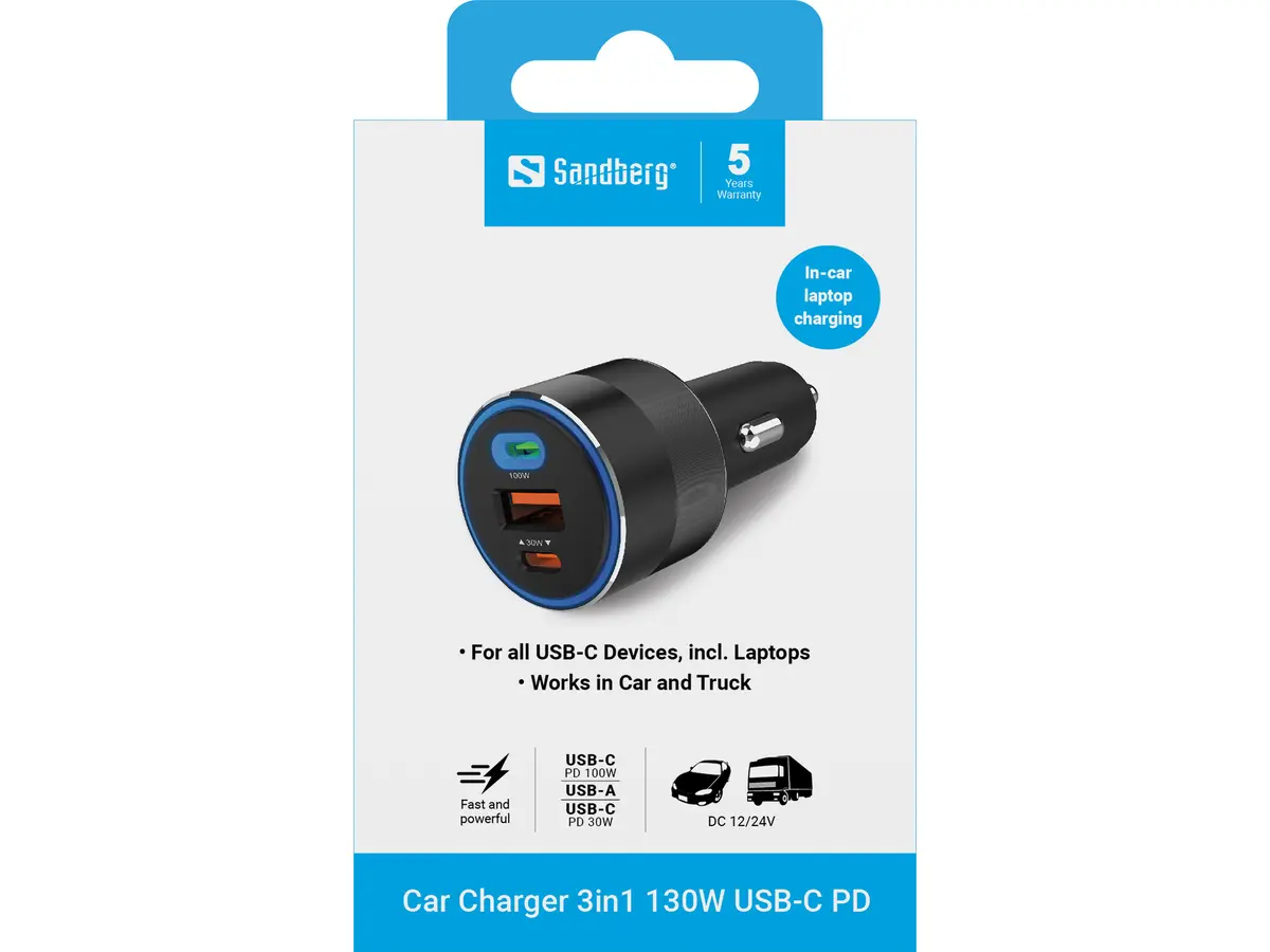 Автомобильное зарядное устройство Sandberg Car Charger 3in1 130W USB-C PD Photo 5