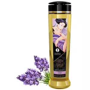 Masāžas eļļa Shunga Oil Sensation Lavender 240 ml — vegāniska, auksti spiestas eļļas, E vitamīns