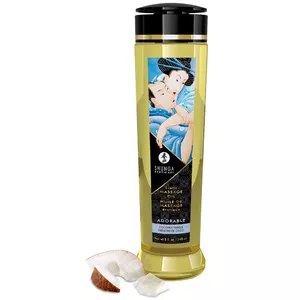 Masāžas eļļa Shunga Adorable 240 ml — vegāniska ar kokosriekstu aromātu, izgatavota no 100% auksti spiesto dabīgo eļļu