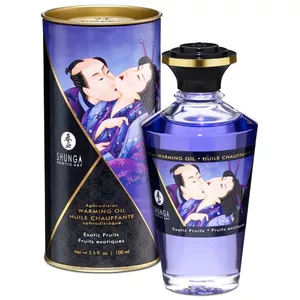 Sasildinošs masāžas eļļa Shunga Exotic Fruits — visam ķermenim, 100 ml, viegli kutinoša sasildoša iedarbība