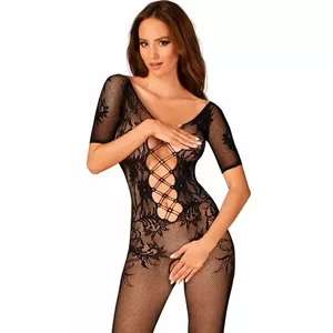 Бодистокинг Obsessive D-232934 — чёрная цветочная сетка, открытый шаг, короткие рукава, чулки в стиле «сетка», 90% полиамид 10% эластан