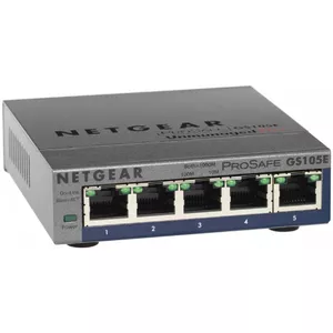 Pārvaldāms L2/L3 Gigabit Ethernet slēdzis Netgear GS105E — 5× Gigabit (10/100/1000) RJ‑45 porti, 8000 MAC ierakstu, 10 Gbit/s pārslēgšanas jauda