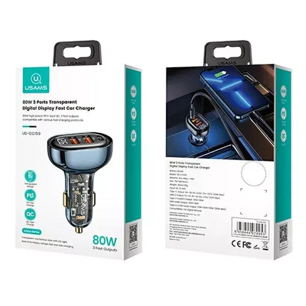 Авто зарядка usams CC159CC02 — 2×USB + 1×USB-C, 80W Photo 11