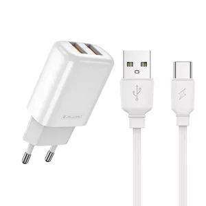 Jellico EU02 12W 2x USB 2.4A Ligzdu Ātrs adaptīvs universāls lādētājs + USB-C uz USB Kabelis 1m Balts