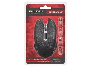Spēļu pele BLOW HURRICANE — labrocīga, optiskā, USB Type‑A, 2400 DPI, 6 pogas, ritenis, melni/pelēka