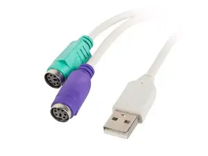 PS/2 to USB A adapter cable LANBERG AD-0025-W — 2x 6‑pin Mini‑DIN (male) to USB A, Green/Purple/White