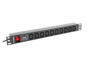 Lanberg PDU-10I-0200-IEC-BK strāvas sadales bloks ar 10 mainstrāvas kontaktligzdām C13, 1U statīva montāžu, 2m kabeli, 220-250V, 10A, melns