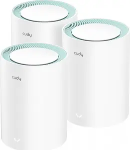 Mesh system Cudy M1300 3‑pack — dual‑band Wi‑Fi 5 (802.11ac), 3 units, 4 internal omni antennas, 300/867 Mbps, supports 100 devices, 1 LAN port, white