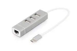 DIGITUS DA-70253 USB Type-C 3-Port Hub and Fast Ethernet LAN Adapter with Wired USB Host Interface and 3 Ports in Aluminium Design