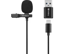 Sandberg Streamer USB Clip vadu lavalier mikrofons melns ar USB Type-C saskarni -38 dB 50 - 18000 Hz