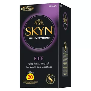 Condoms SKYN Elite pack of 20, ultra-thin polyisoprene, latex-free, lubricated, teat-ended, 180 mm length, 53 mm nominal width