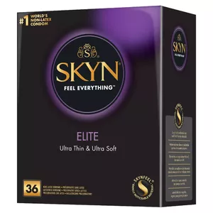 Condoms SKYN Elite pack of 36, ultra-thin polyisoprene, latex-free, lubricated, teat-ended, 180 mm length, 53 mm nominal width
