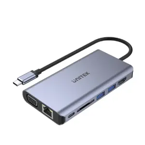 Unitek uHUB O8+ vadu USB 3.2 Gen 1 Type-C pelēks centrmezgls ar 100W barošanu un Ethernet