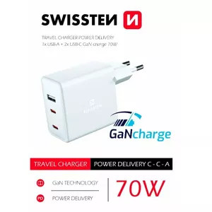 Сетевой адаптер SWISSTEN Travel Charger GaN 70W 2×USB-C для ноутбуков и смартфонов
