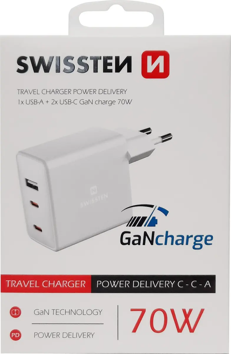 SWISSTEN Travel Charger GaN 70W 2×USB-C