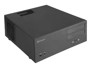 HTPC korpuss SILVERSTONE GD08 melns — atbalsta 2.5/3.5" HDD, 1×120 mm sānu ventilatoru, 80 mm aizmugures, 440×425×175 mm