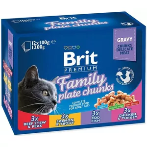 Влажный корм для кошек Brit Family Plate паучи 12 x 100 г — полноценные взрослые рационы, рыба и говядина, белок 8.5%, жир 4.5%, влажность 82%