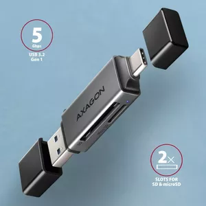 AXAGON CRE-DAC, USB-C + USB-A, 5 Gbps - MINI karšu lasītājs, 2 slotu un daudzvietējs SD/microSD, UHS-I atbalsts