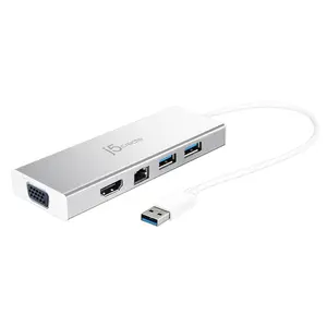 USB 3.0 Mini Dock j5create JUD380 with HDMI port, 3 USB ports, Gigabit Ethernet, and Silver finish