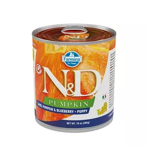 Mitrais barības produkts kucēniem Farmina N&D Lamb Pumpkin Blueberry Puppy 285 g — formula ar jēru, ķirbi un upeņiem